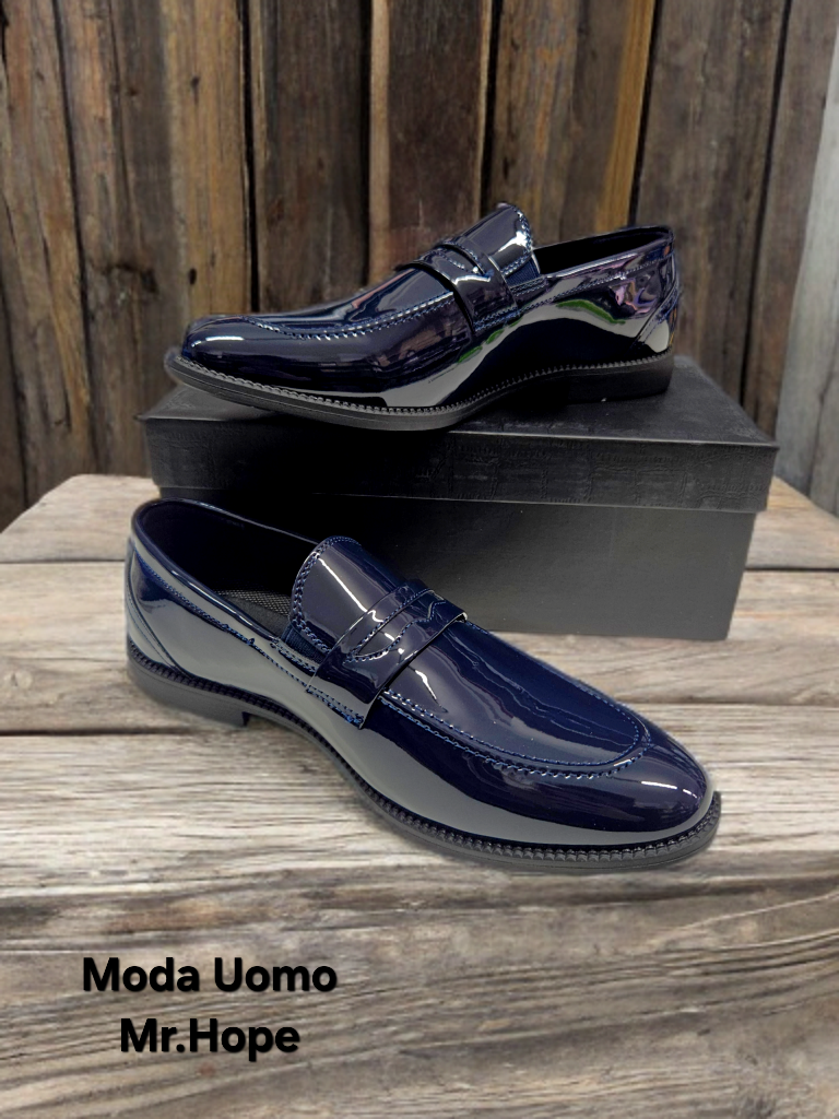 Scarpe cerimonia mocassino Blu pelle lucido