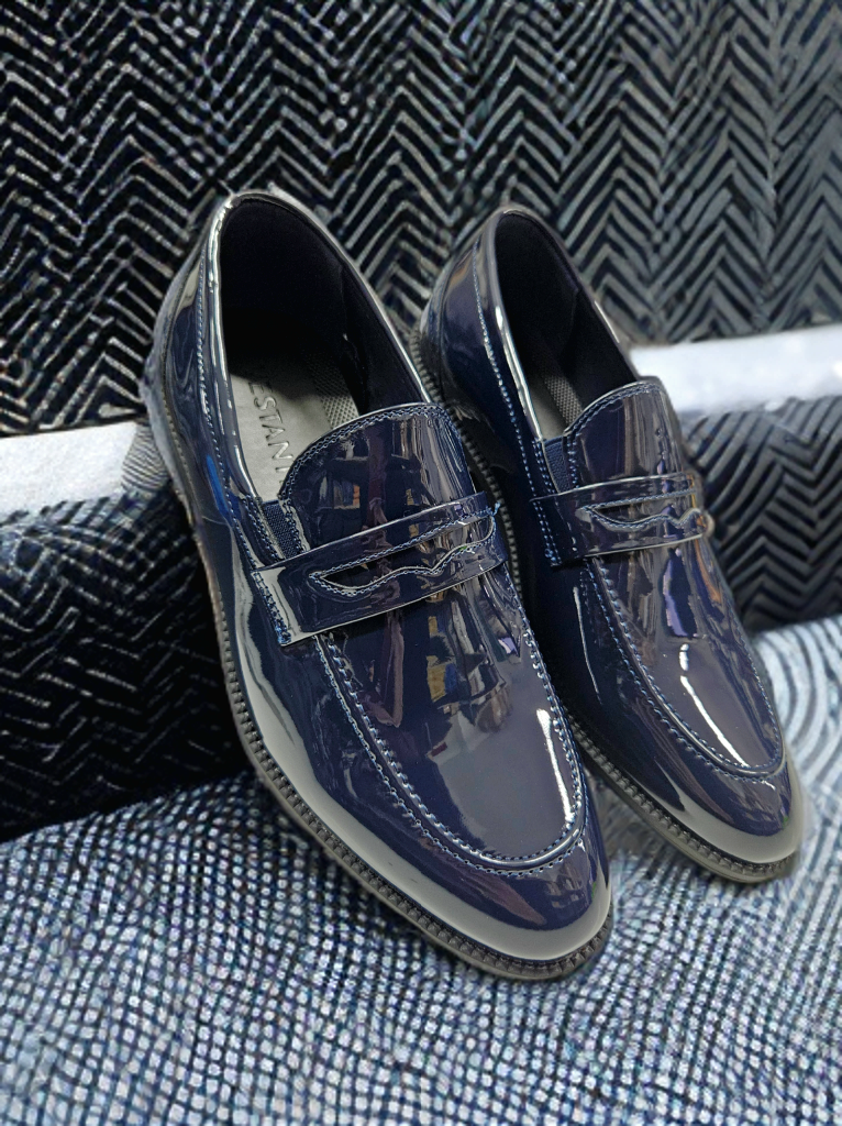 Scarpe cerimonia mocassino Blu pelle lucido