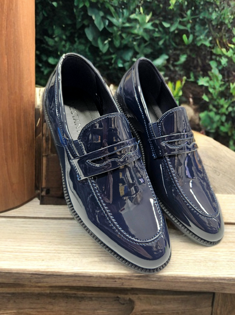 Scarpe cerimonia mocassino Blu pelle lucido