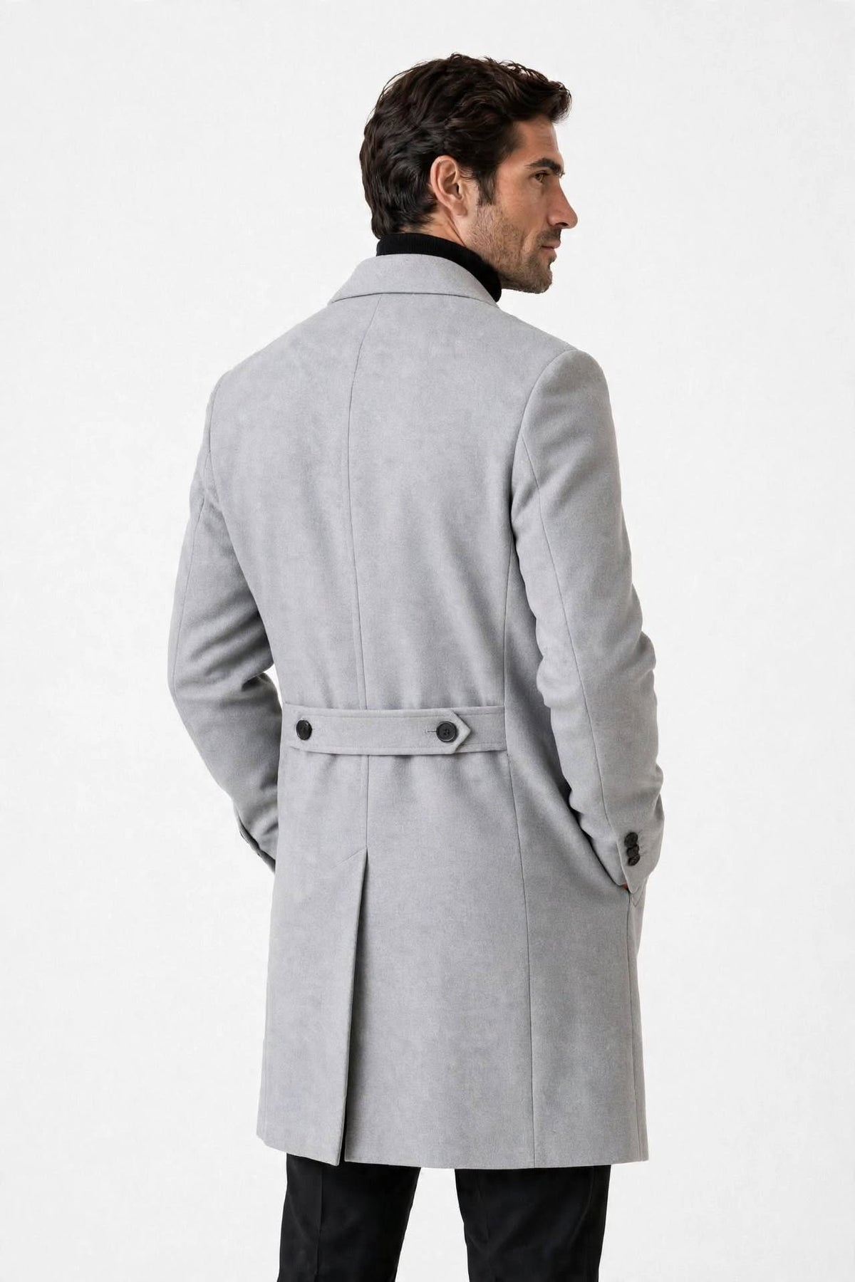 Cappotto grigio perla con martingala misto lana