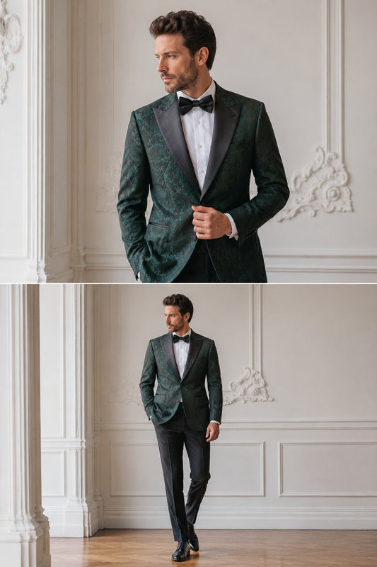 Abito smoking lancia jacquard damascato verde smeraldo