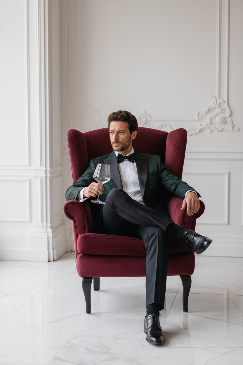 Abito smoking lancia jacquard damascato verde smeraldo