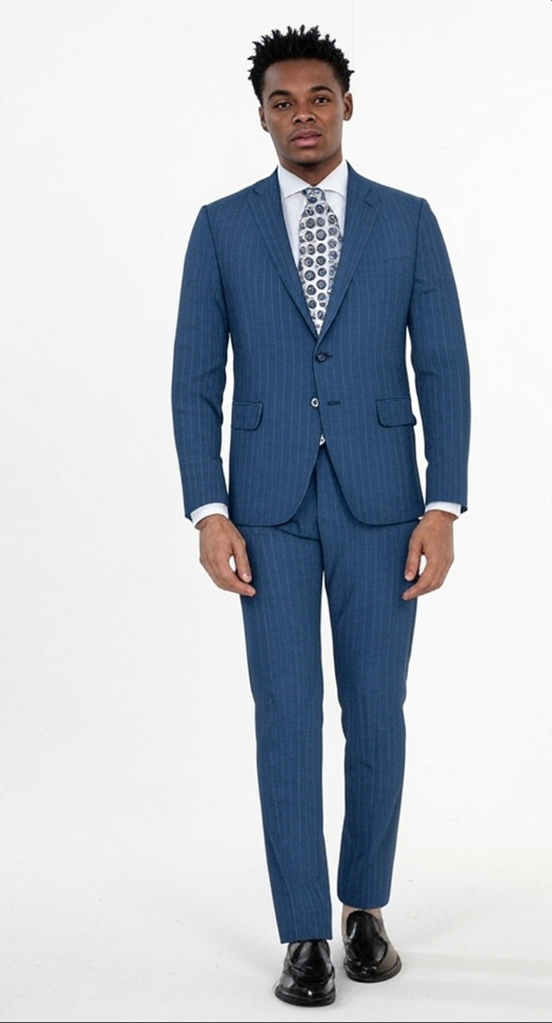 Abito gessato monopetto color Jeans azzurro