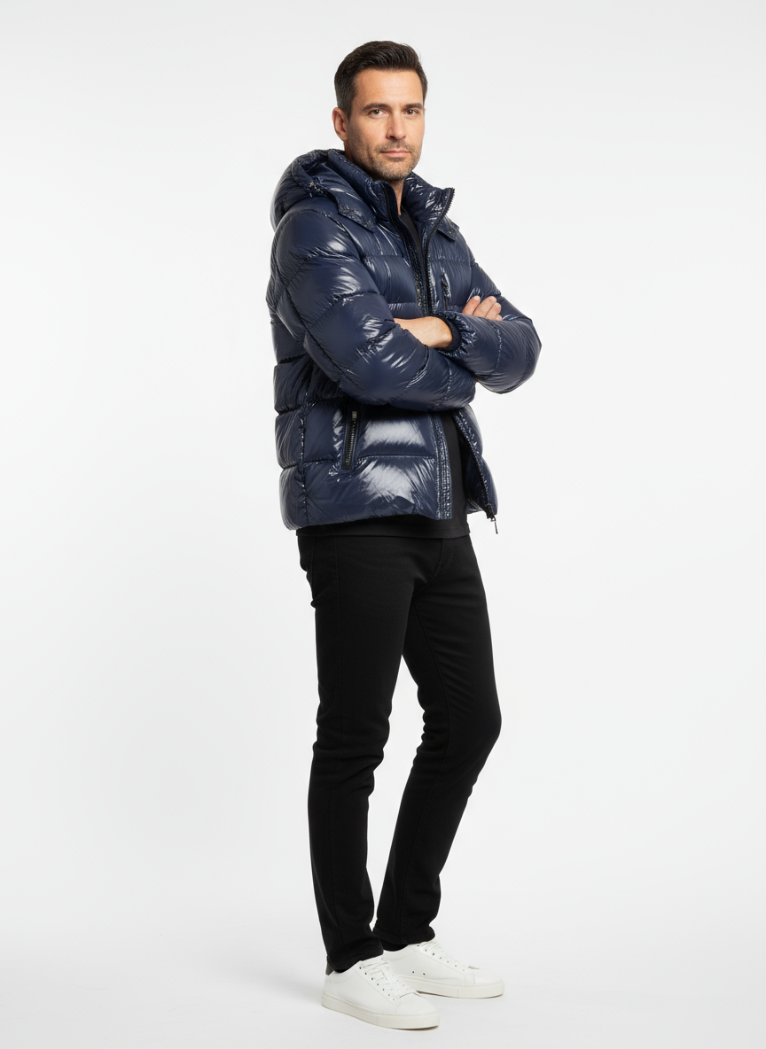 Giubbotto lucido con cappuccio removibile BLU