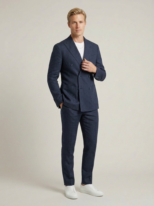 Abito lino doppiopetto BLu petto a lancia